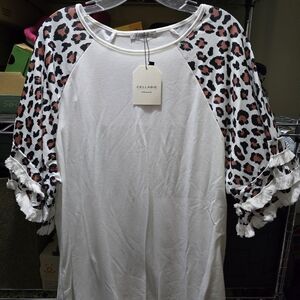 Cellabie Women's White Top with Leopard Print Sleeves